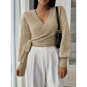 Cardigan boutonné fait main pour femme - Pull long à manches lanternes, kaki, 100 % acrylique, anti-boulochage, respirant et chaud - Product Image 1