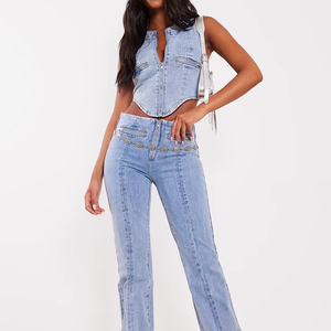 2025 Venta caliente alto azul claro lavado Zip detalle Denim corsé Top transpirable sostenible azul Denim camisa de mujer - Product Image 1