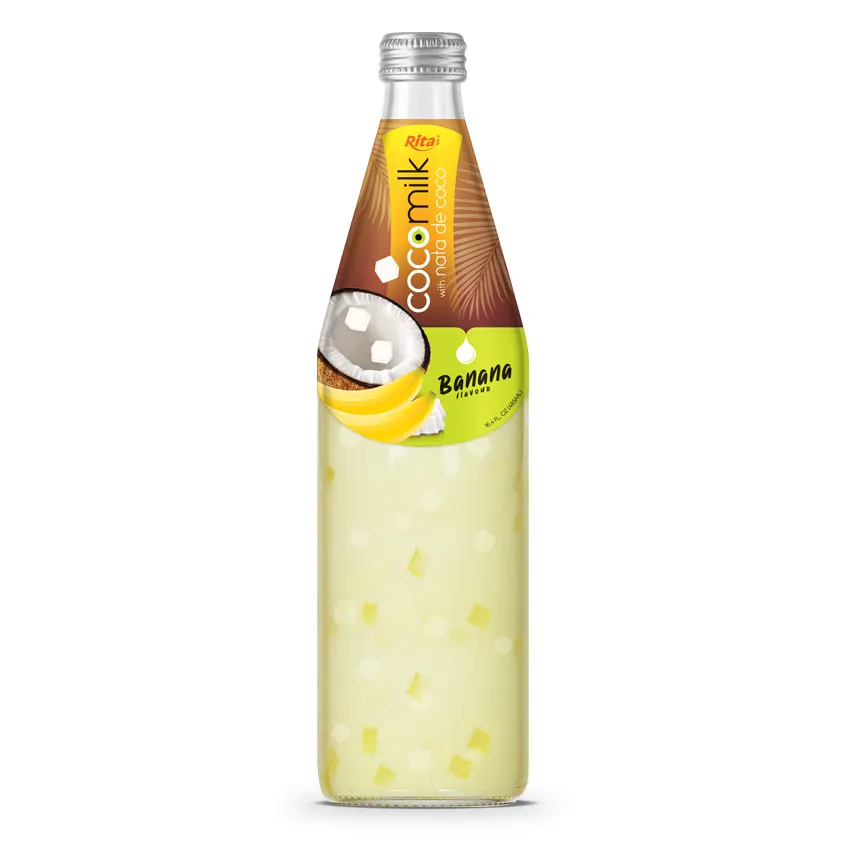 Eksportir dari Vietnam penjualan terbaik susu kelapa Nata De Coco minuman buah dengan pisang 485 ml botol kaca organik dan sehat