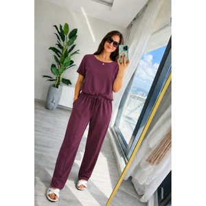 Conjunto de Dos Piezas para Mujer, Blusa de Manga Corta con Cuello Redondo de Viscosa de Dos Hilos y Pantalones, 35859 - Borgoña - Product Image 1