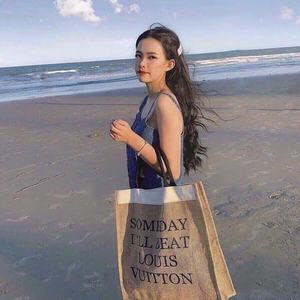 Bolsa DE LA COMPRA DE YUTE con estampado de algodón ecológico, con patrón de letras, cierre de cremallera, tamaño personalizable para uso diario - Product Image 3