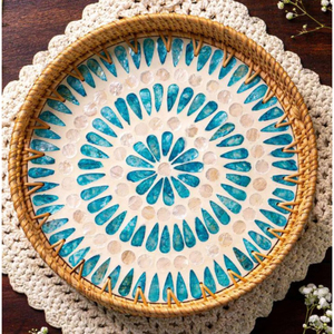 Bandeja para servir de ratán hecha a mano elegante bandeja tejida con incrustaciones de concha de perla madre Floral para Catering decoración del hogar café con acento único - Product Image 2