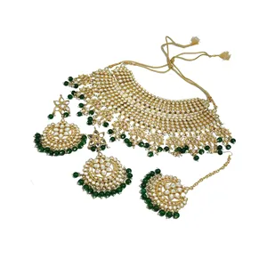 Juego de Collar de Novia de Acero Inoxidable con Perlas Verdes Chapadas en Oro y Kundan, Joyería Fina con Circonita para Boda - Product Image 4