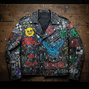 Chaqueta de Cuero Estilo Perfecto Clásica con Gráficos de Bandas Pintados a Mano en Toda la Superficie - Product Image 1