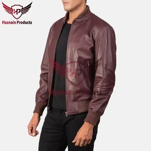 <b>Mens</b> Real Maroon <b>Leather</b> Bomber <b>Jacket</b> Ribbed Collar Zip Side Pockets Sheepskin Burgundy Flight Coat Custom Brown Winter Outwear - Product Image 2