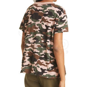 Tela de punto XXS de algodón de alta calidad para mujer, cuello redondo, estampado de camuflaje, estilo informal, camiseta de verano de manga corta a la moda, patrón sólido - Product Image 2