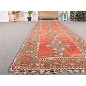 Tapis Kilim turc 3,7x11,5 pieds, tapis vintage, tapis en laine rouge à imprimé animal - Product Image 5