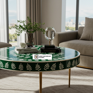 ผู้ผลิตชาวอินเดียที่เป็นมิตรกับสิ่งแวดล้อมยุคใหม่ นำเสนอโต๊ะกาแฟทรงกลมลายดอกไม้ฝังกระดูกสีเขียว พร้อมฐานโลหะสีทอง - Product Image 2