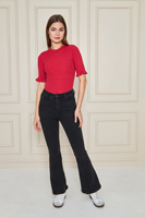 Blusa de punto acanalado de manga corta con volantes para mujer, cómoda y elegante, transpirable, de alta calidad