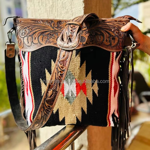 New Bohemian Hand Tooled Leather Saddle <b>Blanket</b> Tassel Handbag Stylish Hand Carving Leather Floral Wallet Combo Set for Women's - Product Image 2