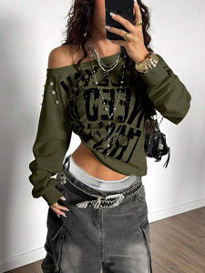 Sudadera Marrón para Mujer, Estilo Jacquard Lavado Ácido, Manga con Tachuelas, Estampado Grunge, Oversize, Felpa de Algodón, Estilo Urbano - Product Image 3