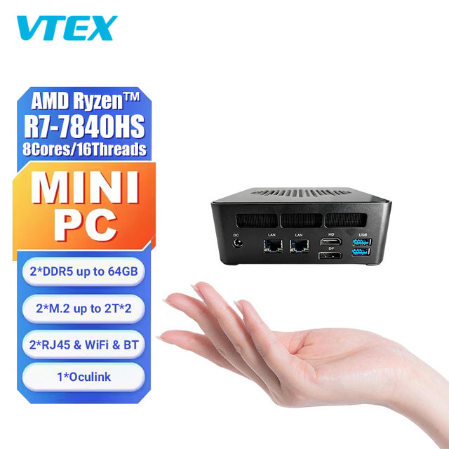 R7 7840HS Processor Business Office Mini PC Oculink DDR5 SSD Dual RJ45 Type-c USB4 Thunderbolt Win11 Portable Mini Desktop Pc