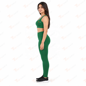 Women Yoga Set Green 2 Piece Seamless High Waist Leggings and <b>Racerback</b> Sports <b>Bra</b> Full Length Solid Color Performance Wear - Product Image 3
