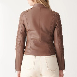 Chaqueta de cuero genuino OEM personalizada para mujer con material de piel de oveja real, elegante abrigo de motorista ajustado para Otoño e Invierno - Product Image 3