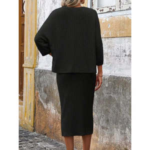 Ensemble deux pièces pour femme, chemisier et jupe en tissu brossé à manches longues et col rond, 30049 - Noir - Product Image 5