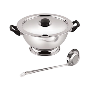 หม้อซุปสแตนเลสสตีลสไตล์คลาสสิก พร้อมฝาปิด ขาตั้ง และทัพพี สีเงิน - หม้อโลหะทนทานดีไซน์คลาสสิก - Product Image 1