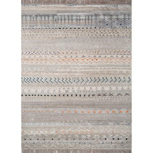 Alfombra Manchaha 9x12 de Lana y Seda de Bambú Anudada a Mano, Patrón Geométrico, Alfombra para Sala de Estar, Alfombra para Pasillo, Forma Rectangular, Gris Negro - Product Image 1
