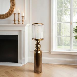 Candelabro moderno de pilar de hierro escultórico Huracán de metal dorado y vidrio envejecido con tapa de vidrio decorativa - Product Image 6