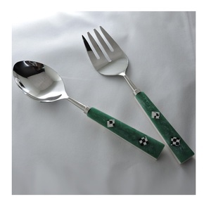 Meilleure qualité ensemble acier inoxydable vert et argent résine poignée salade serveur ensemble ustensiles de cuisine fête d'anniversaire Table décorer utilisé - Product Image 1