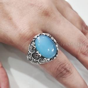 Anillo de Plata de Ley 925 con Calcedonia Azul Natural, Piedra de Nacimiento, Todas las Tallas, Joyería Árabe Navideña, Recién Llegado - Product Image 3