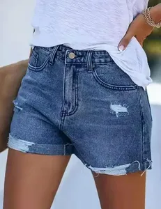 Short taille haute d'été pour femmes vente directe d'usine lâche cylindre droit jambe large bord roulé porté bleu noir coton - Product Image 2