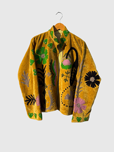 Veste en lin brodée de fleurs jaunes, col montant, manches longues, style Prairie Chic, vêtements de printemps pour femmes - Product Image 1