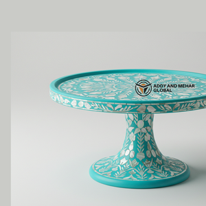 Artisan Nacre Incrustation Gâteau Stand Turquoise Floral Piédestal Assiette À Dessert De Luxe - Product Image 3