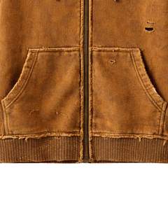 Manufacturer <b>Brown</b> Distressed <b>Zip</b> Up <b>Hoodie</b> With Flaming Skull Sleeve Embroidery Vintage Washed Streetwear Women Custom Jacket - Product Image 5