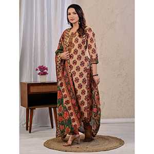 Conjunto de Kurta y Pantalón de Algodón Estampado Butta Block Rosa Beige con Dupatta Mulmul, Ropa Étnica India para Uso Diario y Fiestas, Hecho de Tela de Red - Product Image 5