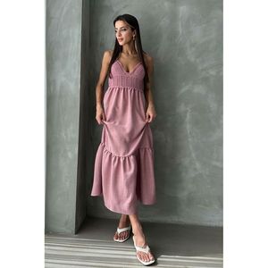 Vestido Casual al Por Mayor Topshow, Diseño Largo con Tirantes y Cuello en V, Color Rosa Polvo, Lino - Product Image 5