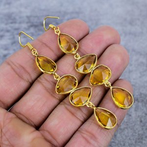 Pendientes de Plata de Ley 925 Chapados en Oro con Citrino Cuarzo Hechos a Mano - Pendientes de Gota de Pera de Citrino para Mujer - Product Image 4