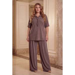 Pantalon grande taille pour femme avec taille élastique, cordon de serrage et plis sur le devant, marron - Product Image 3