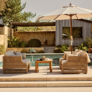 Modern Outdoor Dining Sofa Sets Natural Teak with Beautifully Designed <b>Cushions</b> Patio Furniture for Hotels Homes - Alguema - Product Image 1