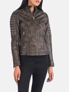 Veste en cuir marron vieilli pour femme, style café racer, matelassée, en cuir d'agneau véritable, vintage, veste de motard, coupe ajustée, fermeture éclair, coton - Product Image 2