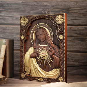 Arte Mural de Madera Hecho a Mano de la Virgen María, Tallado en Relieve de Corazón Radiante, Panel Decorativo para el Hogar - Product Image 2