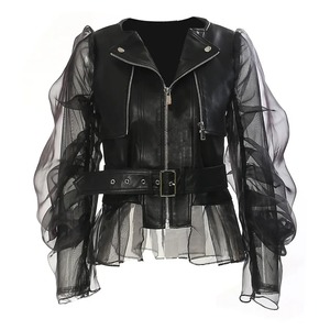 Chaqueta de Motociclista de Piel de Oveja Genuina para Mujer, Estilo Urbano, con Bordado, Tul Combinado, Cuello Redondo, Impermeable y Cortavientos - Product Image 1