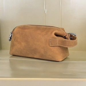 Genuine Leather <b>Toiletry</b> Bag Medium Size Zipper Closure Classic Style Soft Handle Portable Cosmetic Case - Product Image 1