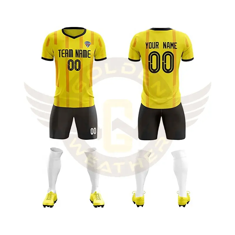 Custom OEM Logo Men Team Sublimation Sports Soccer Wear T Shirts Uniform Football Jersey Golden Weather Manufacturer Company