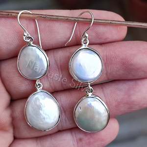 Handmade 925 Sterling <b>Silver</b> Dangle <b>Earrings</b> Genuine Freshwater Coin <b>Pearl</b> with Gold Elegant Jewelry Gift for Her Birthday - Product Image 3