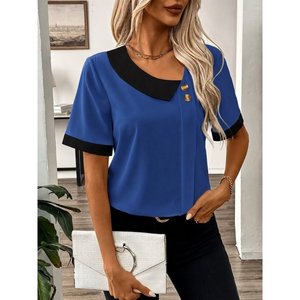 Women'<b>s</b> Short-Sleeved Asymmetrical Collar Detail Buttoned Dubai <b>Blouse</b>, 35799 - Blue - Product Image 1