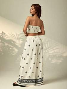 Ensemble 2 pièces décontracté pour femmes T-shirt long et pantalon avec haut brodé à motif vintage en dentelle pour costumes quotidiens - Product Image 3