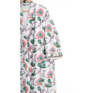 Vintage Cotton Kantha Kimono Robe Handmade Block Print Floral Design V-Neck Drawstring Closure Breathable Eco-Friendly Summer - Product Image 4