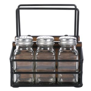 Caddy de mesa, servilletero de madera marrón y alambre de metal negro con 3 condimentos de vidrio/Salero y pimentero - Product Image 6