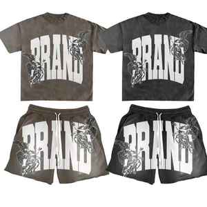 Ensemble de t-shirts et shorts 100% coton personnalisés pour hommes sérigraphie tenue d'été streetwear avec strass OEM directe d'usine - Product Image 1