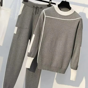 Nouveau automne hiver femmes tricoté 2 pièces ensemble à manches longues O cou vêtements de sport pull pull et poche pantalon costume 2 pièces tenues - Product Image 1