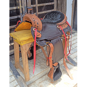 Selle de cheval western haut de gamme en cuir écologique de buffle, finition teinte naturelle au tambour - Product Image 2