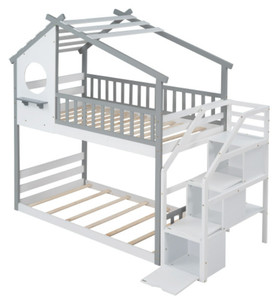 Lit superposé double avec toit pour enfants |   Lit superposé en bois de style loft pour chambre à coucher ou salle de jeux - Product Image 6