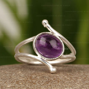 แหวนอเมทิสต์ธรรมชาติรูปวงรีขนาด8x10มม. ดีไซน์ทันสมัย925เงินสเตอร์ลิงทำด้วยมืออัญมณีโบฮีเมียนเครื่องประดับที่ดีสำหรับผู้หญิง - Product Image 5