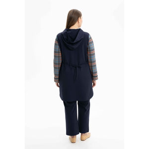 Abrigo de Punto con Capucha Azul Marino para Mujer - Estilo Blazer Reversible, Gabardina Transpirable para Otoño con Estampado, Talla XL - Product Image 4
