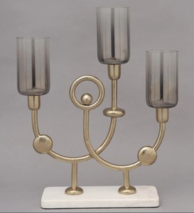 Celestial Half <b>Black</b> Chrome Glass <b>Candle</b> <b>Holder</b> with Multi Votive Aluminium Gold Finish White Marble Base for Home Decoration - Product Image 4